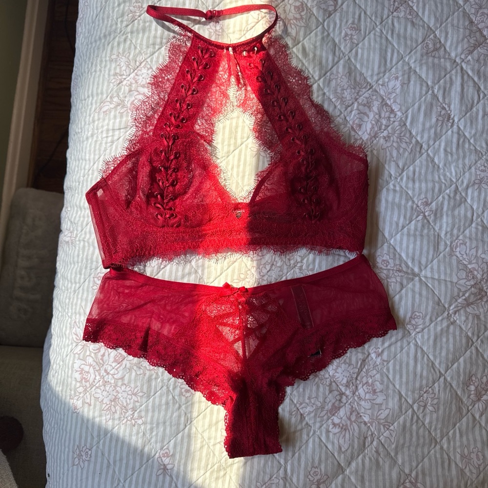 Victoria's Secret Red Lace Halter Bralette & Lace Brief Set